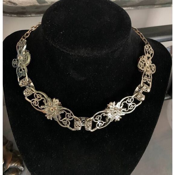 Silver plate Choker Necklace with Orange disk stations, Vintage - Picture 4 of 4